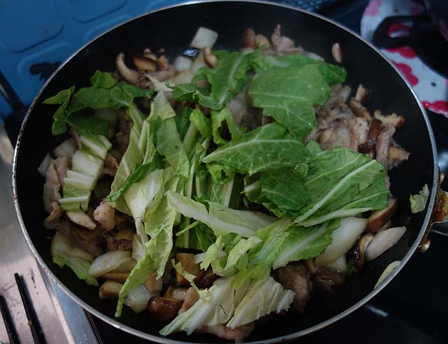 19円の焼きそば麺を使って豚肉白菜椎茸を使った「塩炒め焼きそば」